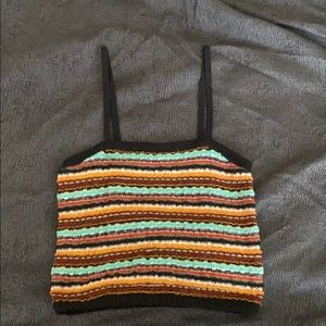 Rust, orange, blue, black striped crop top